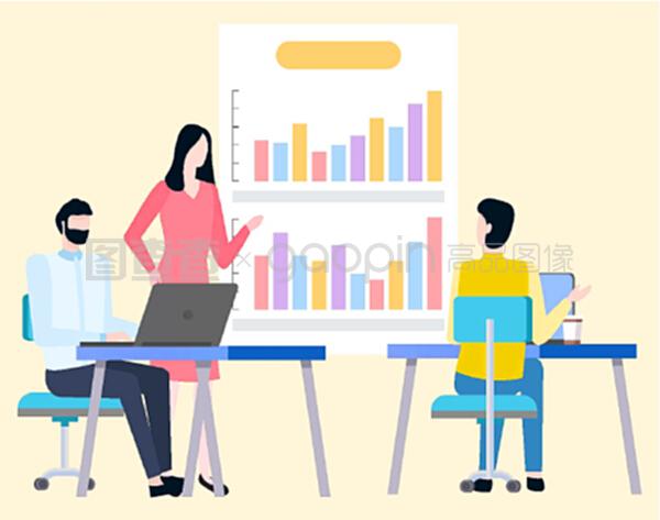 男女經(jīng)紀人分析交易并討論商業(yè)圖表上的銷售統(tǒng)計數(shù)據(jù)。矢量卡通人物和圖表。